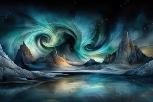 "Surreal digital painting of swirling auroras over jagged, icy mountains and reflective lake."