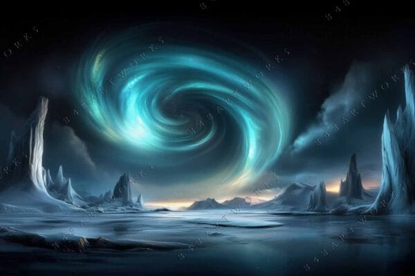 "Digital painting of icy landscape with swirling aurora in blue and green hues."