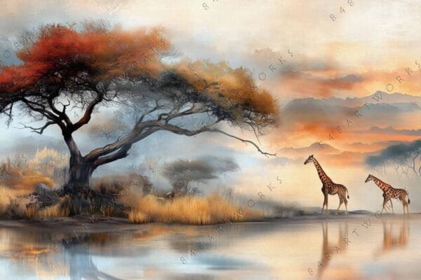 "Digital art of giraffes by a tree near water, with soft orange and blue hues."