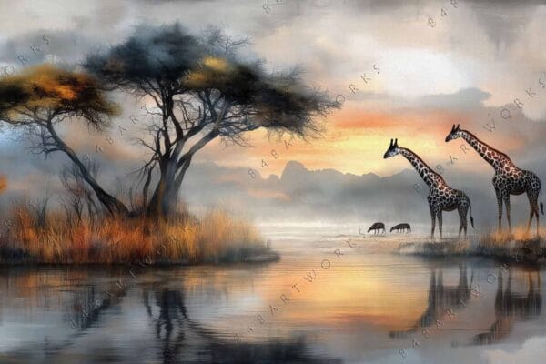 "Digital painting of giraffes by a misty lake, with trees and sunset in background."