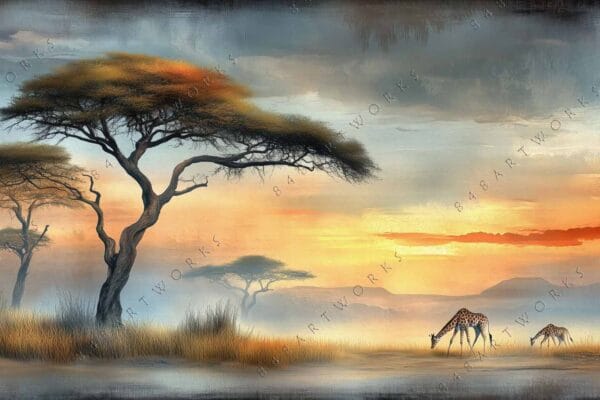 Digital painting of a serene savanna sunset with acacia trees and grazing giraffes.