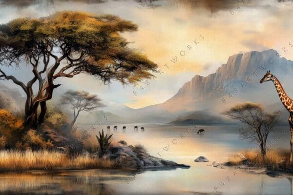 "Digital painting of a giraffe and acacia tree near a serene lake, warm tones."