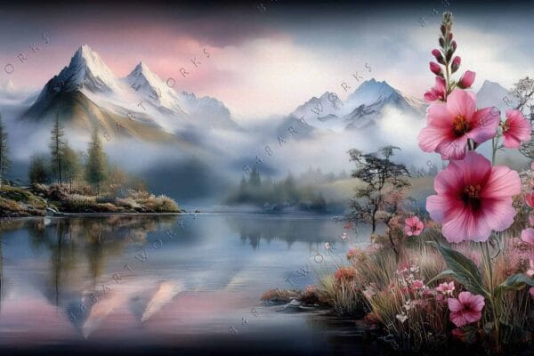"Digital painting of snowy mountains and pink flowers by a serene lake at dawn."