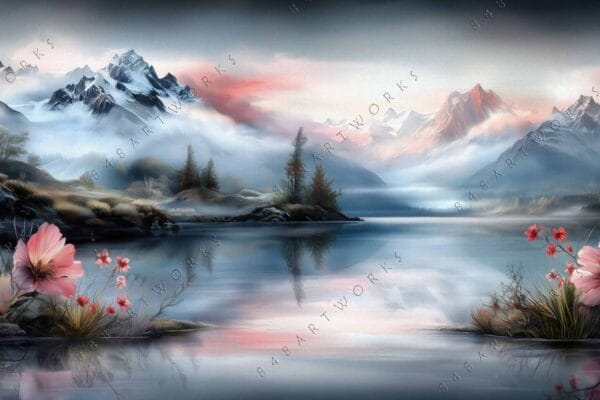 Digital painting of a serene mountain lake with pink flowers and misty peaks.