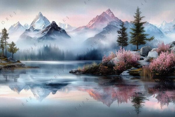 Digital painting of a misty mountain lake with pink bushes and evergreen trees.