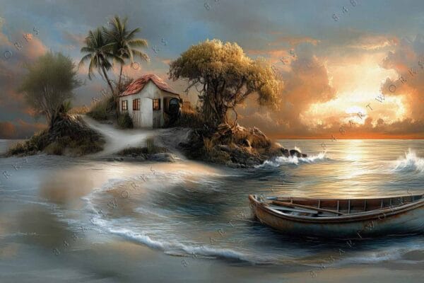 "Digital painting of a tropical island, sunset sky, and wooden boat on the ocean."