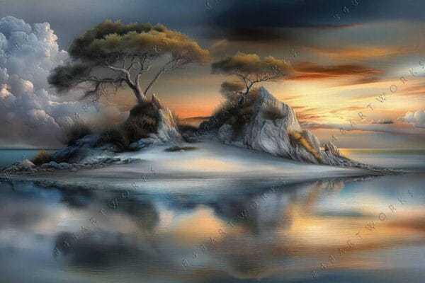 "Digital painting of a serene island with trees, reflecting in calm waters at sunset."