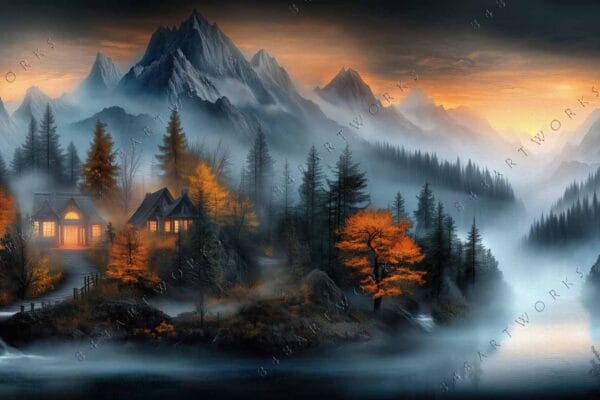 "Digital painting of cabins in misty mountains with glowing windows and autumn trees."