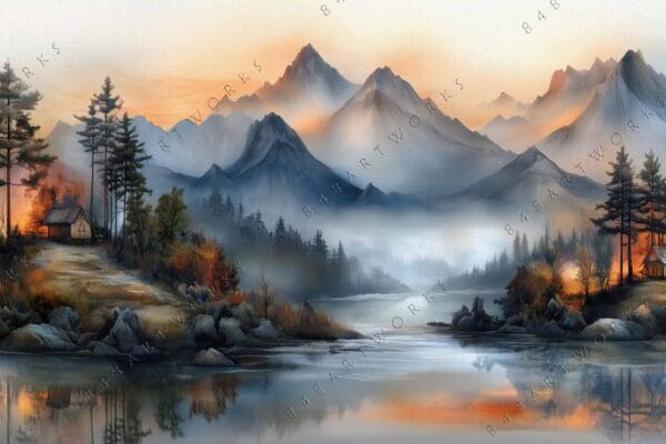 Digital painting of misty mountains, lakeside cabins, and trees in warm, muted hues.