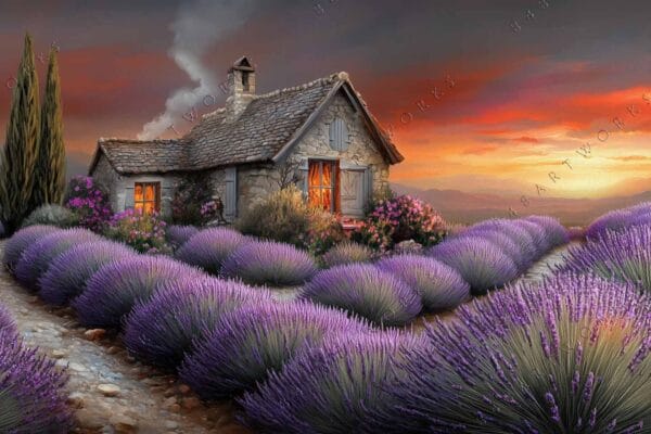 Digital painting of a stone cottage surrounded by purple lavender fields at sunset.