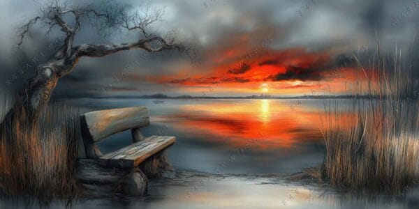 "Surreal digital art of a rustic bench by a lake at sunset."