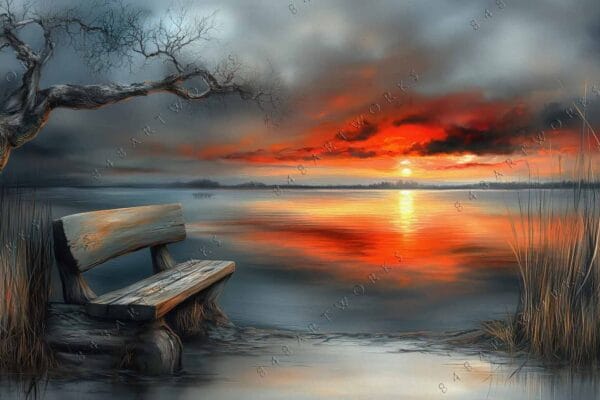 "Surreal digital art of a rustic bench by a lake at sunset."