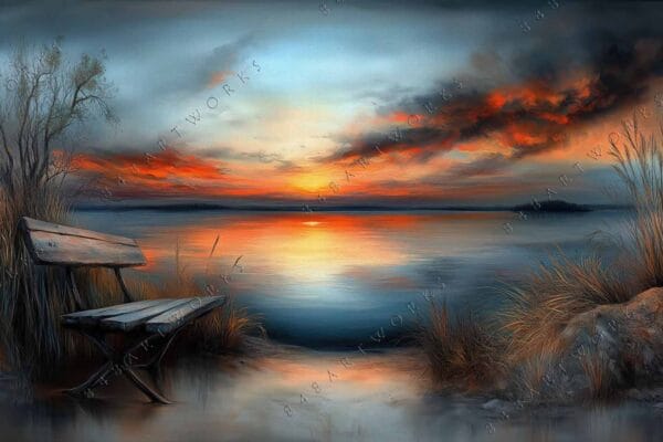 Digital painting of a sunset over a lake, with a bench and tall grasses.