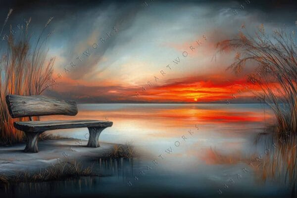 Digital painting of a lakeside bench with vivid orange sunset and tall grass.