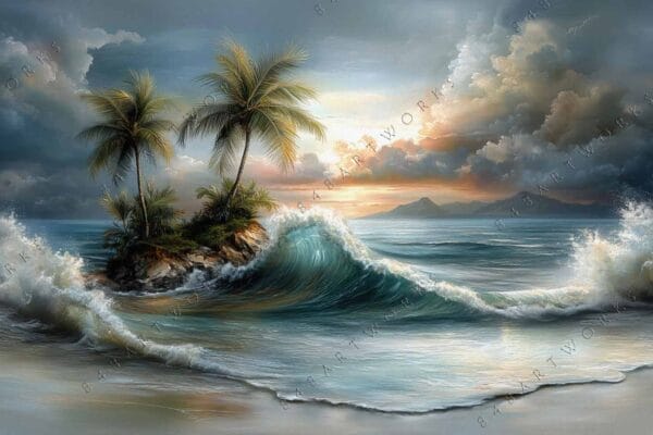 Tropical seascape painting with palm trees, crashing waves, and a vibrant sunset sky.