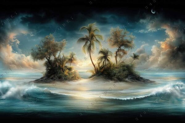"Digital art of a small tropical island with palm trees under dramatic clouds."