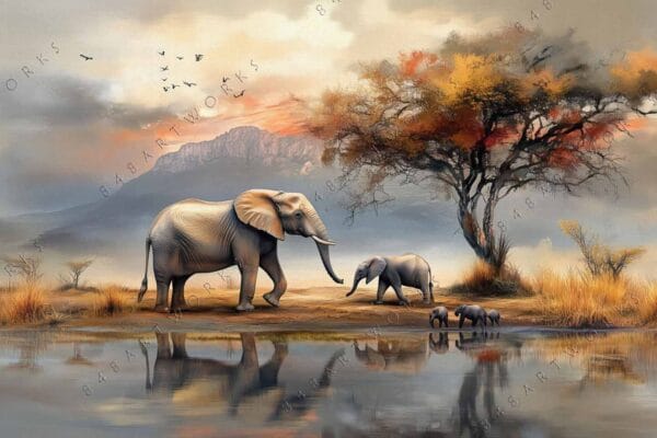 Digital painting of elephants by a watering hole with a tree, under a colorful sky.