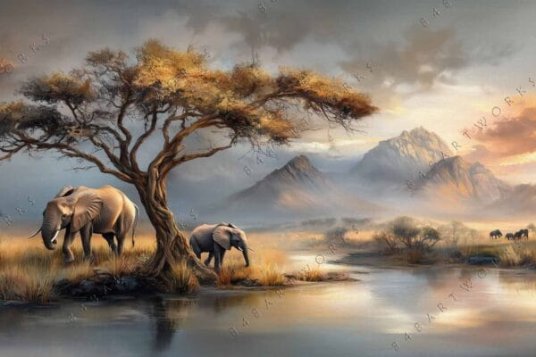 "Digital painting of elephants by a tree, with mountains and a sunset in warm hues."