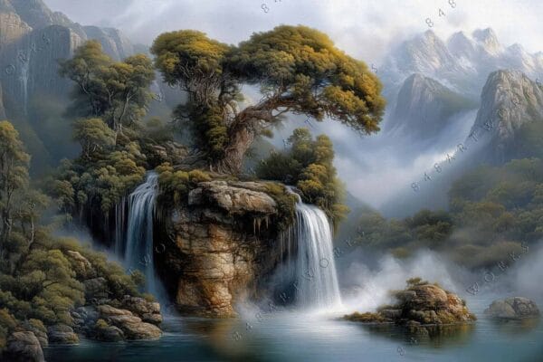 Digital painting of a misty landscape with waterfalls and a solitary tree on a rock.