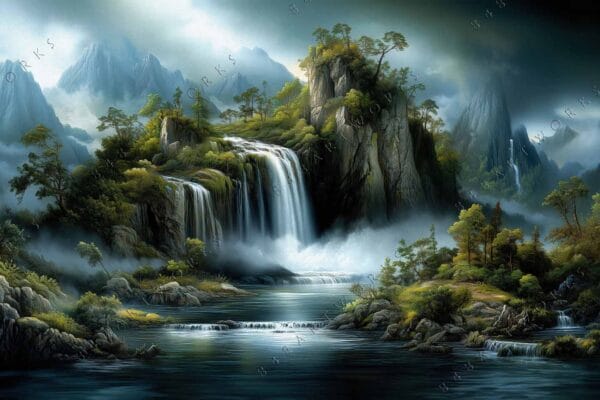 Digital painting of a lush, misty waterfall scene with mountains in green and gray tones.