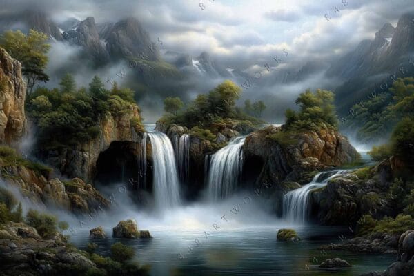 Realistic landscape painting of misty waterfalls cascading in a lush green forest.