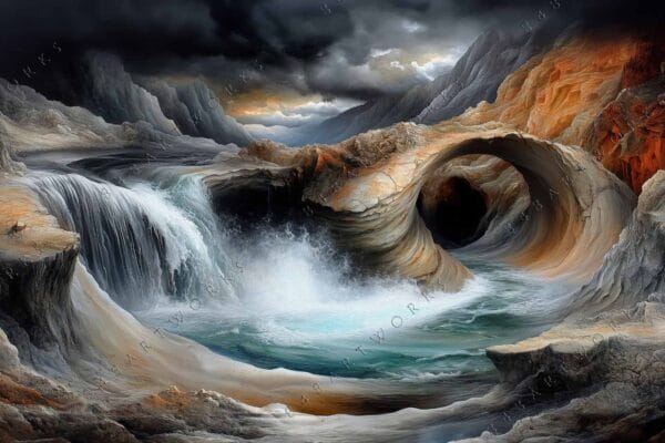 "Surreal digital painting of rocky landscape with swirling waters and stormy sky."