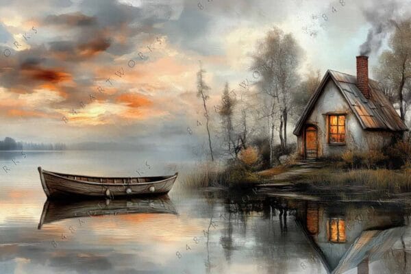 "Digital painting of a lakeside cabin with rowboat and sunset in warm tones."