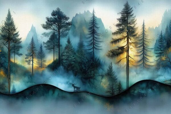 Digital painting of misty, forested mountains with silhouetted trees and deer in blue tones.