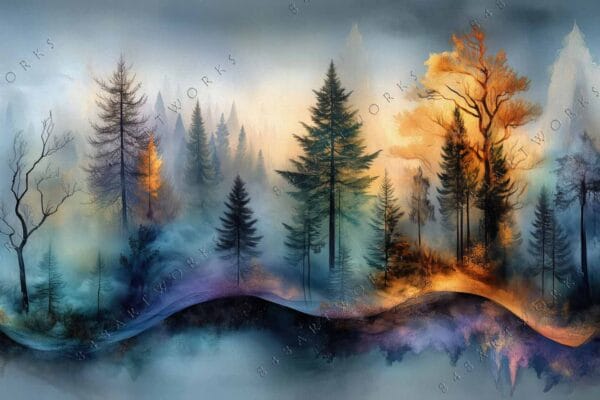 "Digital painting of misty forest with vibrant orange and blue hues."