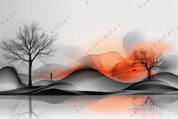 "Abstract digital art featuring two bare trees with orange and gray flowing waves."
