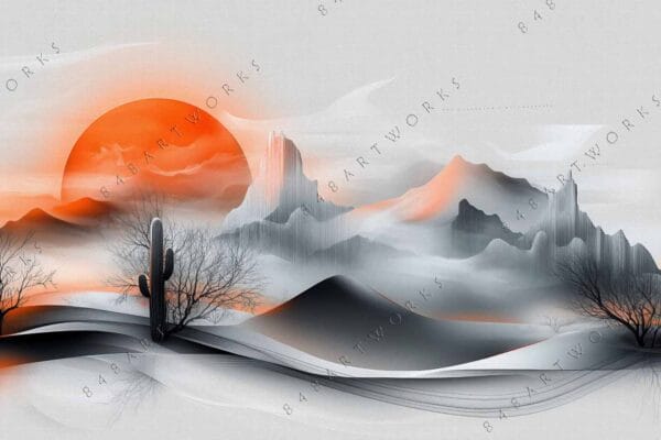 "Surreal digital artwork of a desert landscape with orange sun and gray mountains."