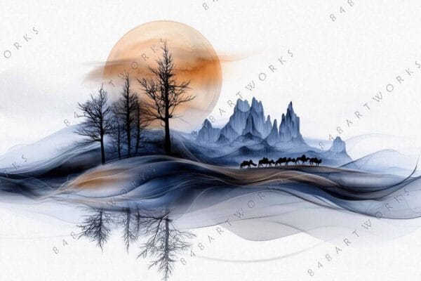 Digital painting of mountains, leafless trees, and horses, in blue and orange tones.