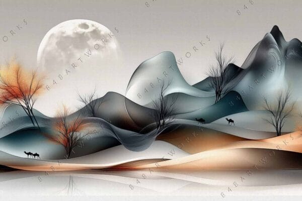 "Surreal digital artwork of rolling hills, bare trees, and camels under a large moon."