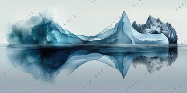 Abstract digital art of icebergs and mountains with reflections in blue and gray tones.