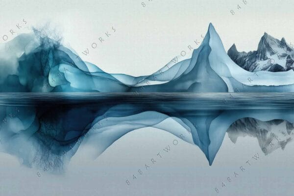 Abstract digital art of icebergs and mountains with reflections in blue and gray tones.