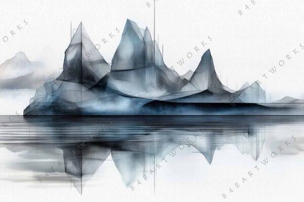 "Geometric digital painting of abstract mountains reflected in water, in gray and blue hues."