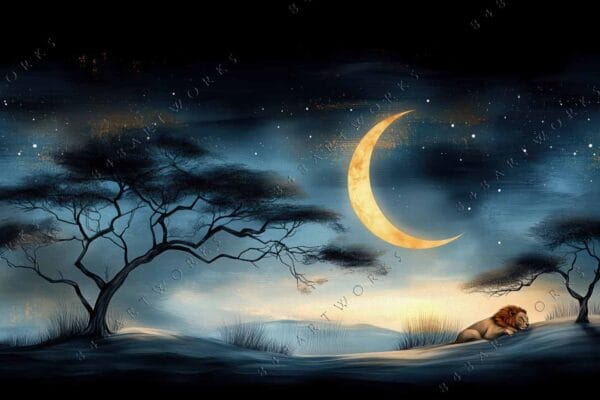 "Surreal digital painting of a lion under crescent moonlight with silhouetted trees."