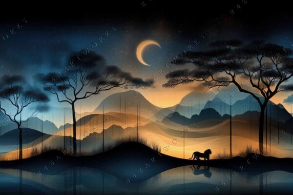 "Digital art of crescent moon over silhouetted trees and mountains in blue and orange."