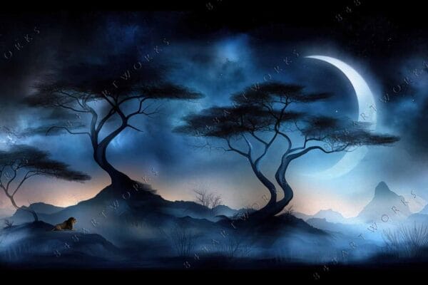 "Surreal digital artwork of African savanna at night, with crescent moon and silhouetted trees."