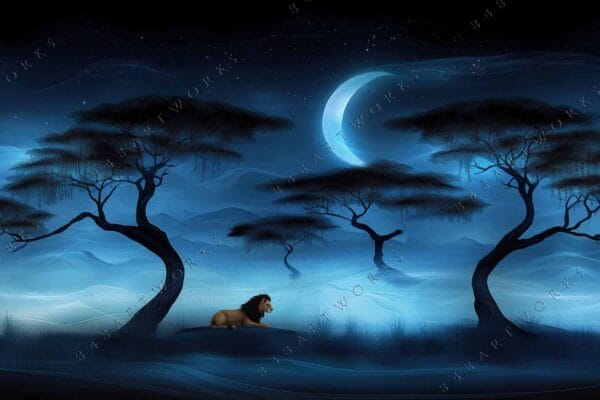 Digital art of a tranquil lion in a blue moonlit savannah landscape.