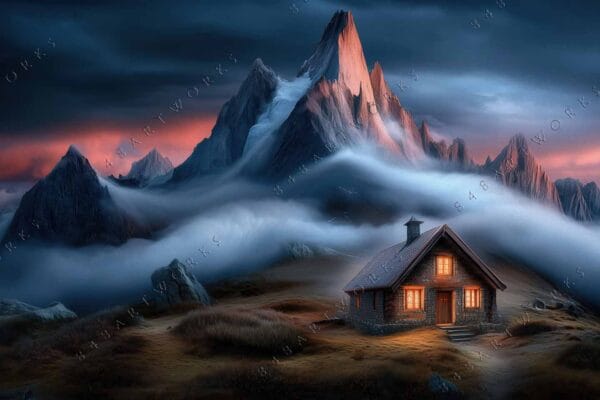 "Digital painting of a cozy cabin beneath misty mountains at dawn with warm lighting."