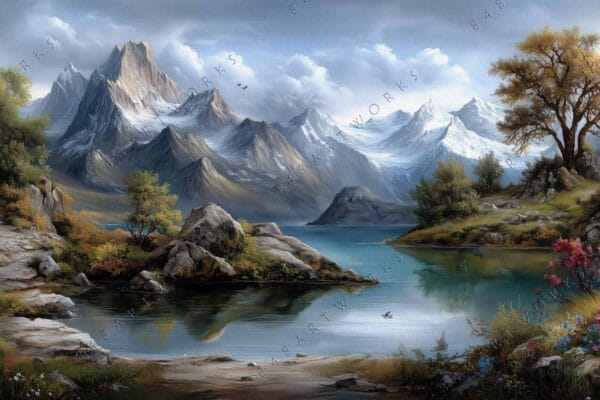 Oil painting of a serene mountain landscape with trees by a clear lake.