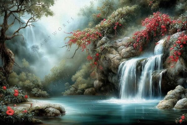 Painting of a serene waterfall in lush forest with red flowers and mist.