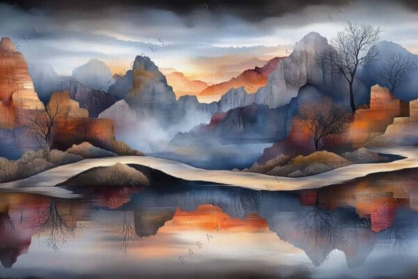"Digital artwork of a vibrant canyon landscape reflected in a serene river."
