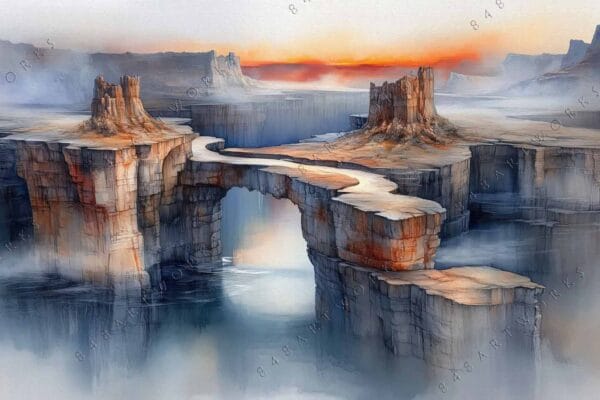 Fantasy digital painting of misty cliffs with a bridge at sunset, in warm tones.