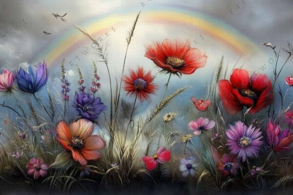 Colorful digital art of wildflowers under a rainbow with a cloudy sky background.