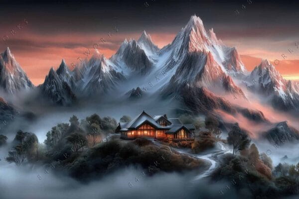 Digital painting of a cozy cabin amidst misty mountains at sunset.