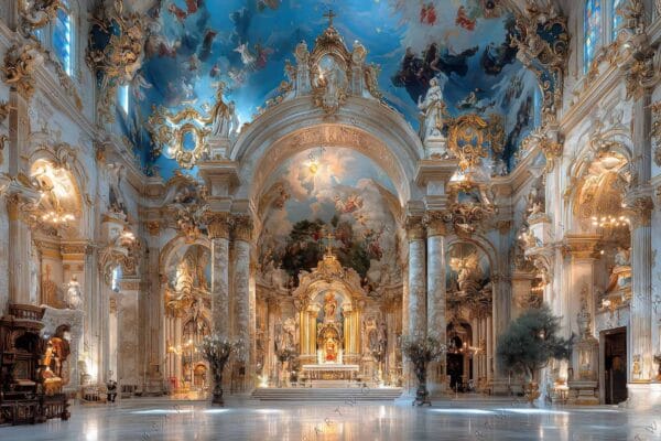 Digital painting of a lavish Baroque cathedral interior with ornate gold detailing and frescoes.