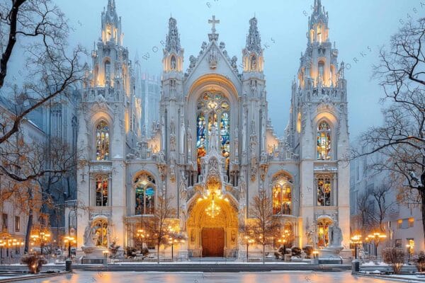 Digital art of a Gothic cathedral facade with warm lights and snow-covered trees.