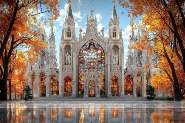 "Digital artwork of ornate church with stained glass, surrounded by autumn trees and reflections."